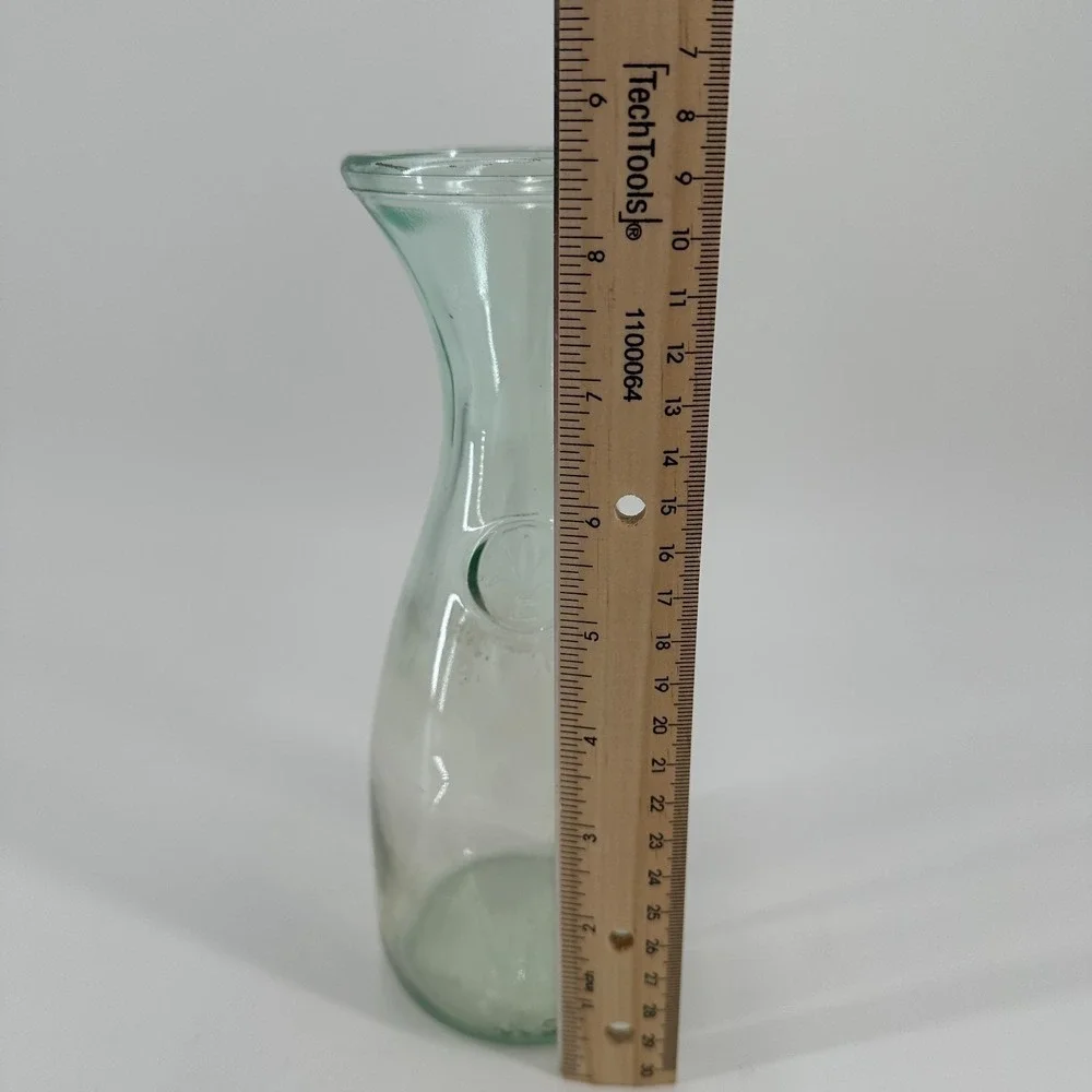Vintage Italy Pale Green Glass Carafe with Embossed Medallion Mid-Century 8.5